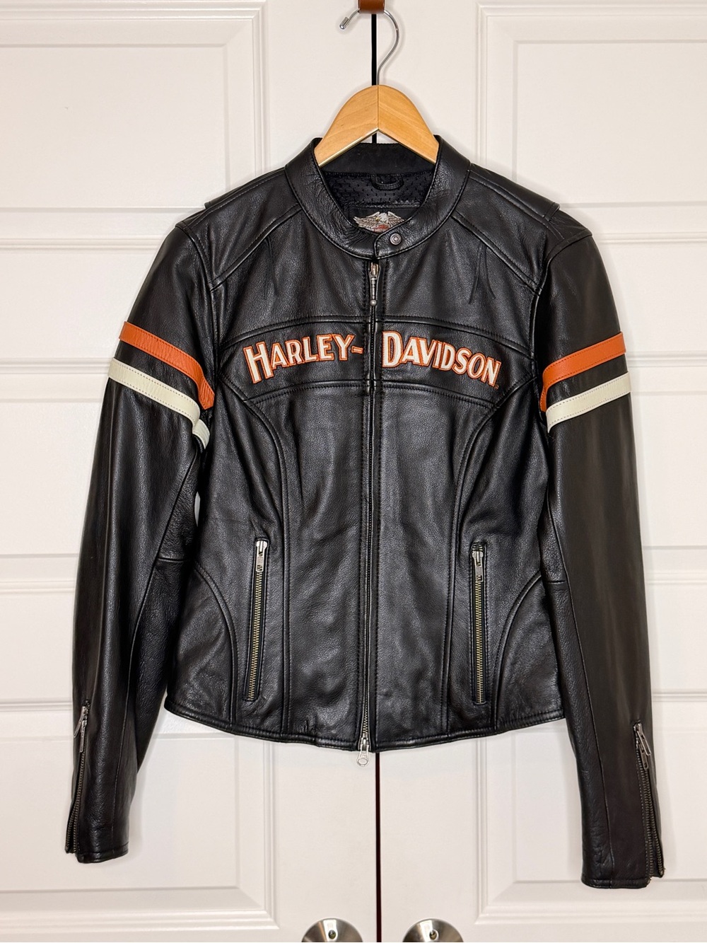 Harley-Davidson Black Leather Jacket with Orange & Cream Sleeve Stripes